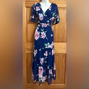 Kate and Lily Navy Pink Green Floral Rose Tiered Maxi Dress – Women’s Size 6